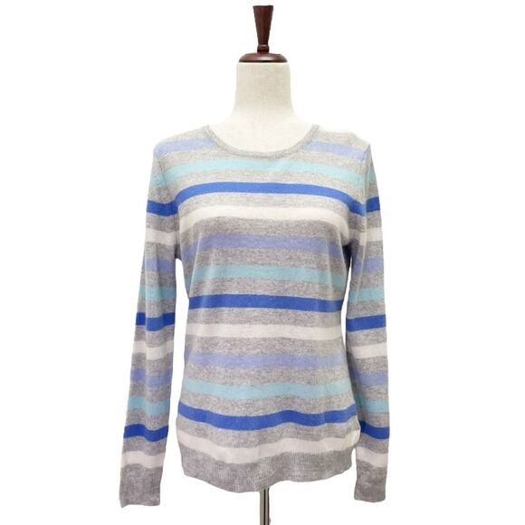 NWT Charter Club 100% Cashmere Sweater Blue & Gray Striped Pullover Size Medium - Picture 1 of 15